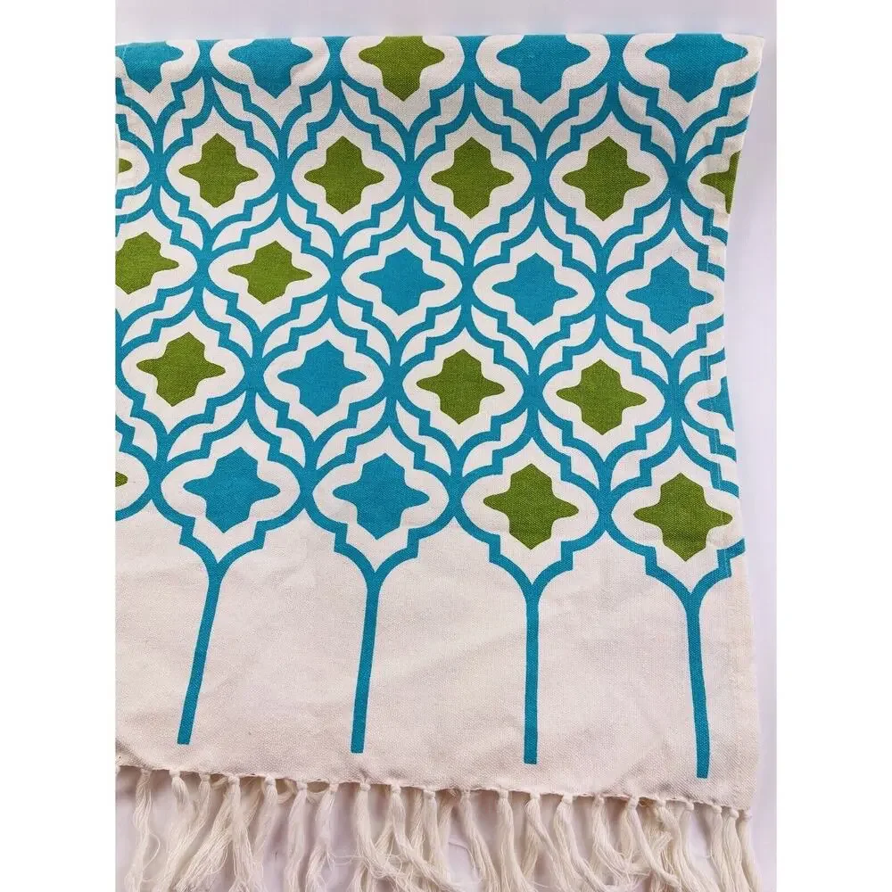 Cotton Tablecloth Runner Moroccan Style Made In India Blue Green Fringe Jabara